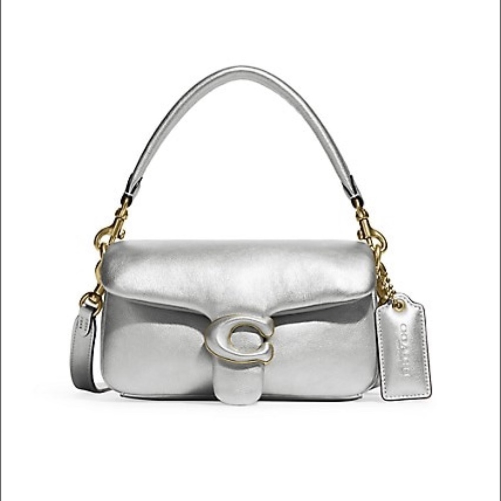 Coach Pillow Tabby 18 Metallic Silver Leather Shoulder Bag crossbody purse